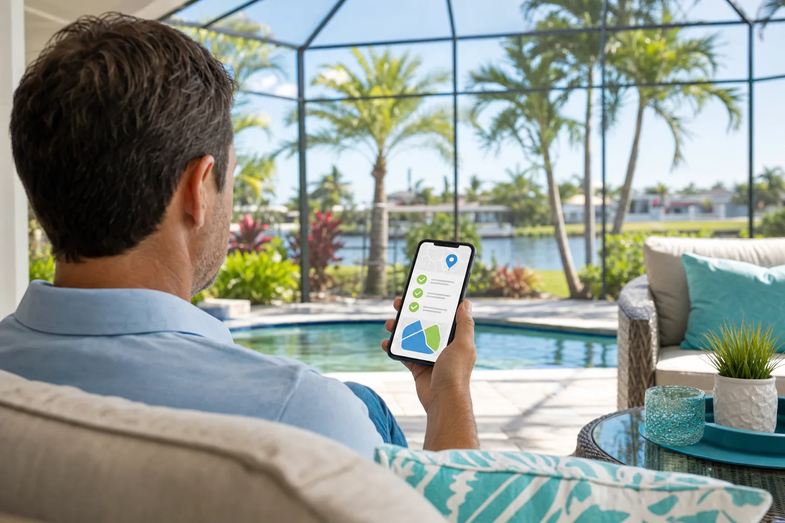A Southwest Florida homeowner reviewing their Waves pest control service report and property treatment map on a phone