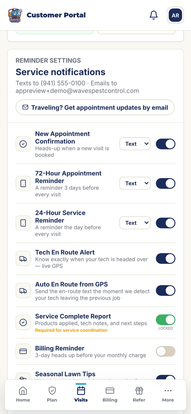 Waves app notification settings — set each alert to text, email, or both, including the live-GPS tech-en-route alert
