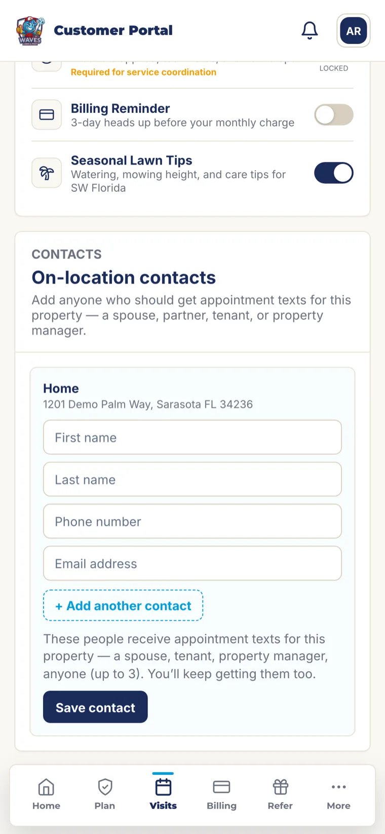 Waves app on-location contacts screen — add a spouse, tenant, or property manager to receive appointment texts