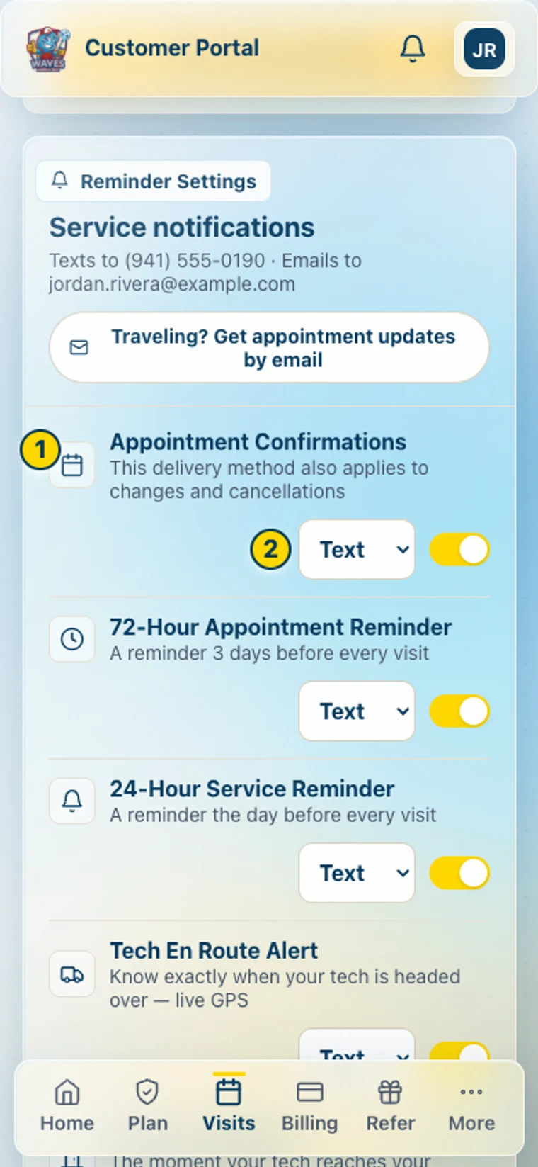 Sample Visits Reminder Settings with an alert switch and delivery channel choices marked