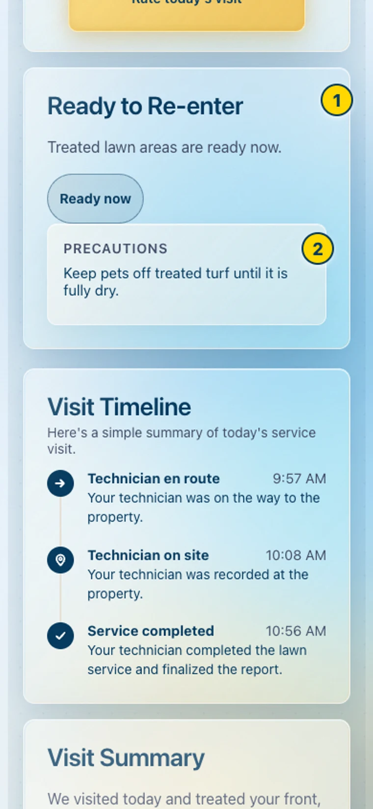Sample lawn service report with re-entry status and treatment precautions marked