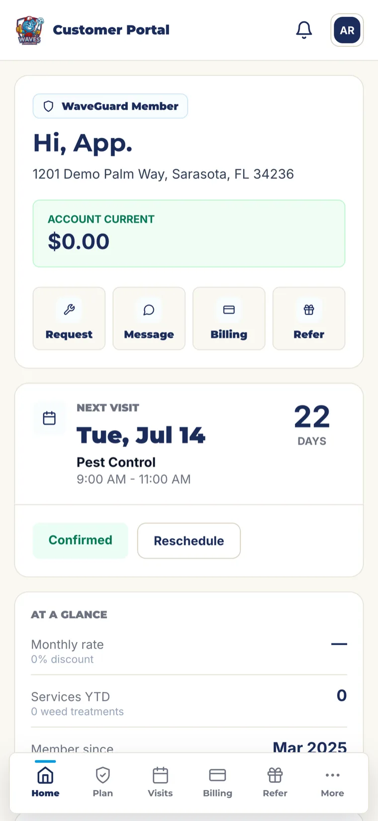 Waves app home screen showing the next scheduled visit and account status