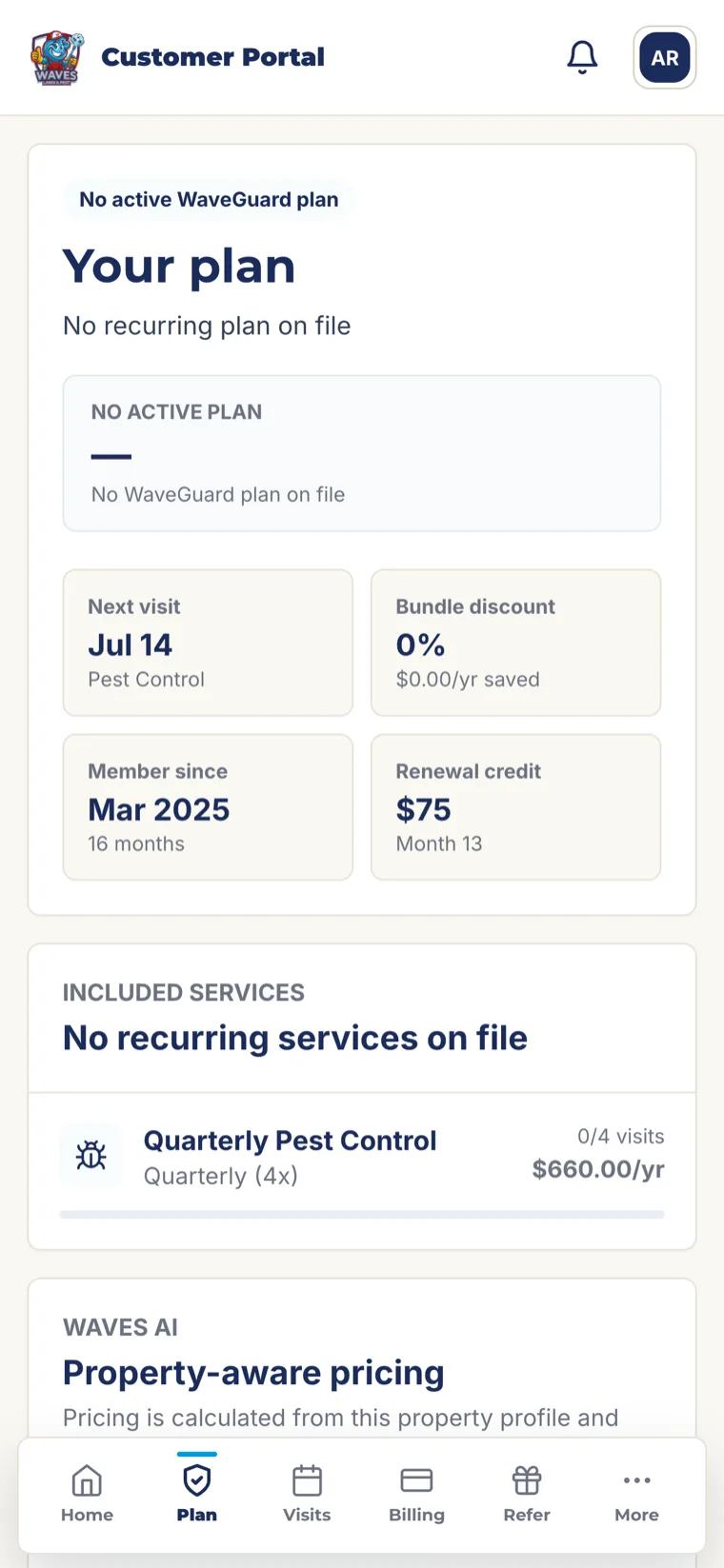 Waves app Plan screen showing your service plan and WaveGuard tier
