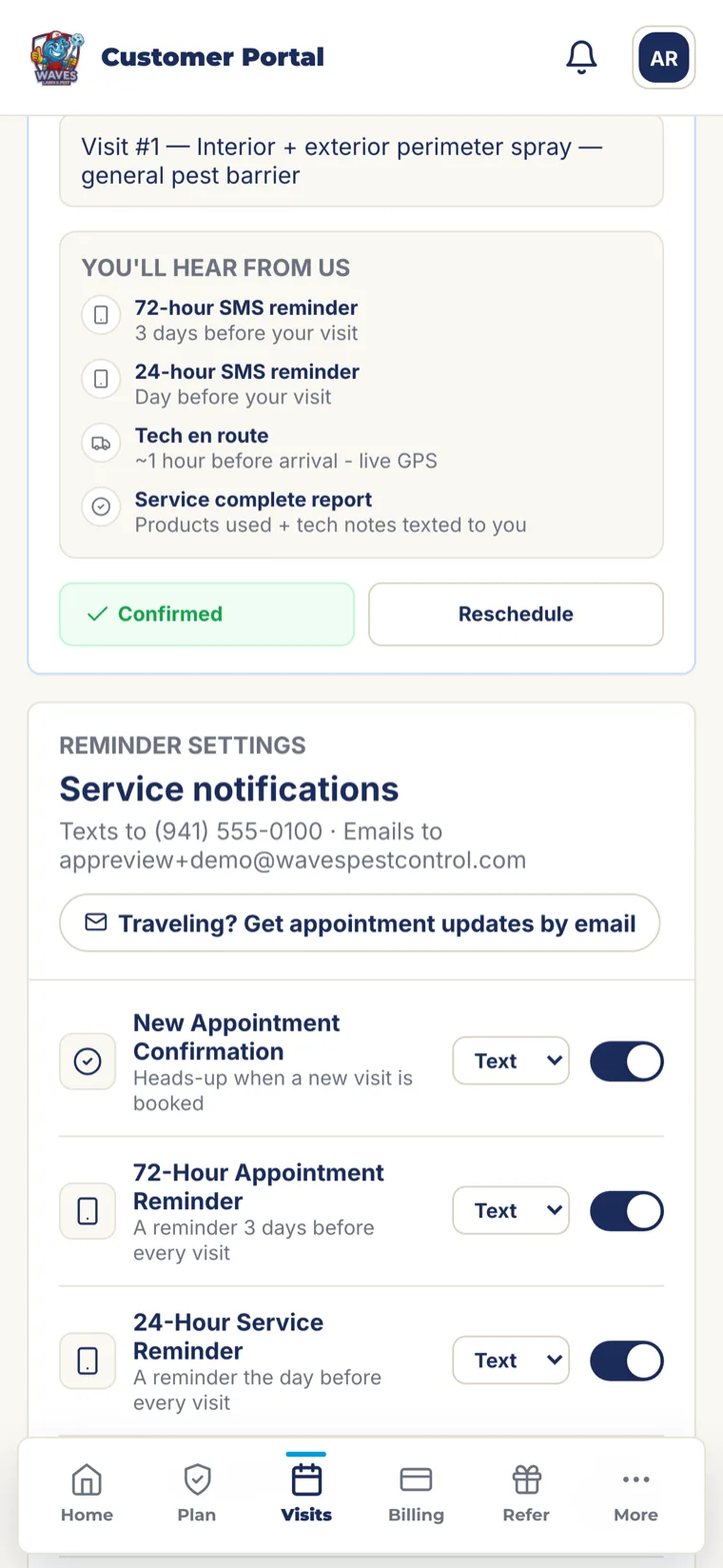 Waves app visit screen listing 'you'll hear from us' updates — including a tech-en-route live-GPS step about an hour before arrival — above the service notification settings