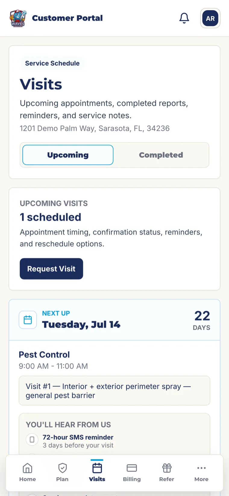 Waves app Visits screen listing upcoming and completed service visits