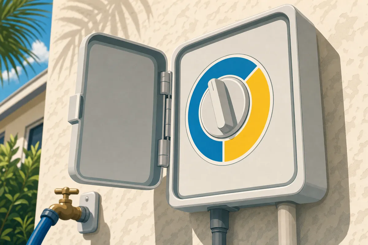 Illustration of an open wall-mounted sprinkler timer beside a spigot and palm fronds.