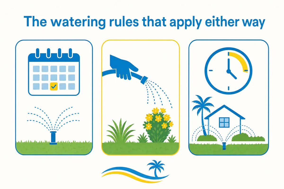 Three panels showing a calendar, a hand watering flowers, and a clock above a house with palm trees and sprinklers.