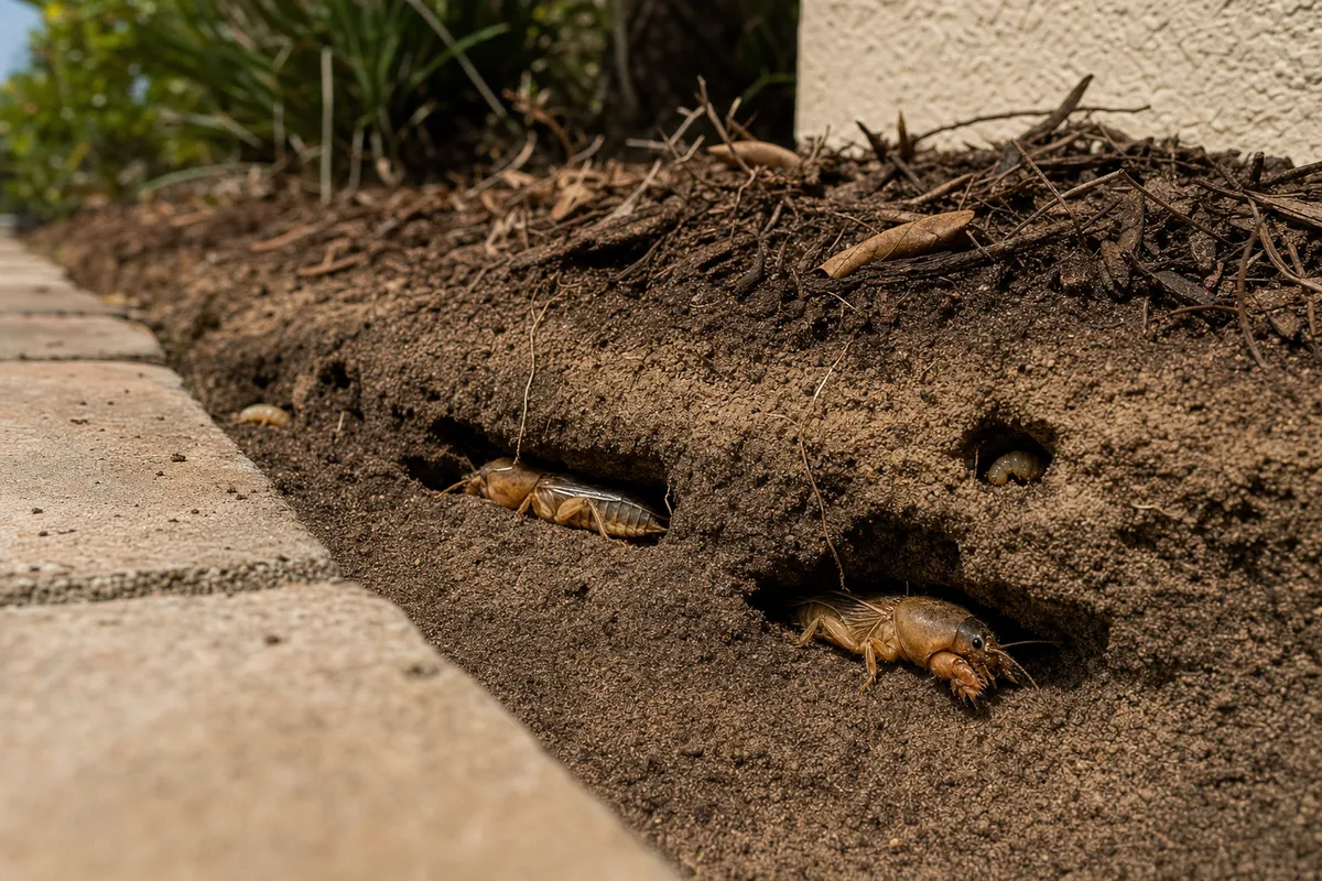 Generated comparison illustration showing brown mole crickets with digging forelegs and pale, C-shaped grubs in soil beside a walkway.