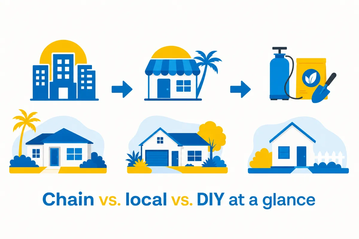Blue and yellow icons of office buildings, a shop, spray equipment, and three houses with palms above the title Chain vs. local vs. DIY at a glance.