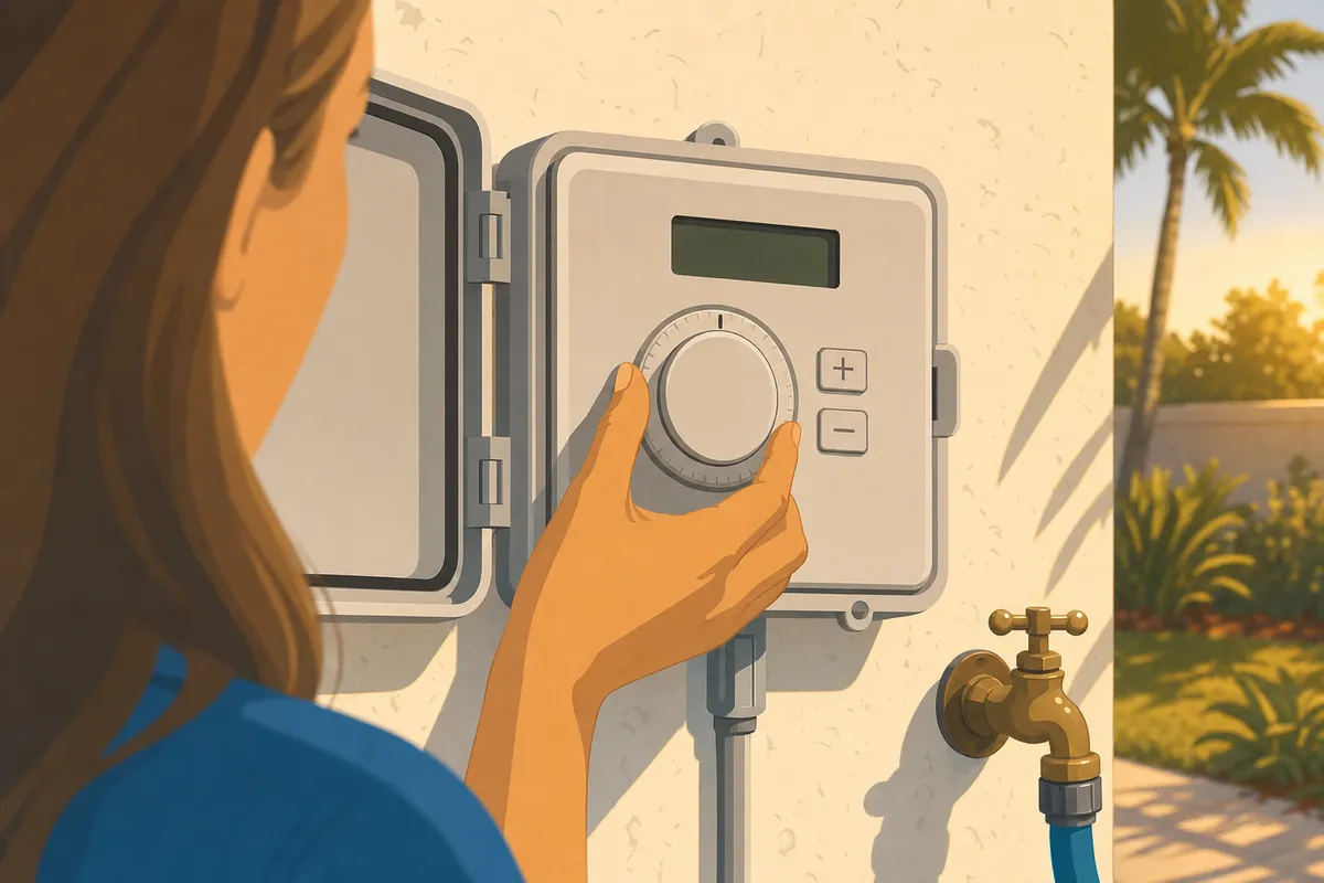 Flat illustration of a homeowner turning the dial on a wall-mounted sprinkler timer beside an outdoor faucet, palms behind.