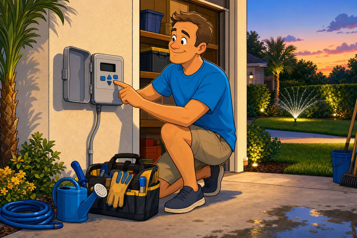 Cartoon of a homeowner kneeling at a wall-mounted sprinkler timer by an open garage at dusk, a sprinkler running on the lawn behind.