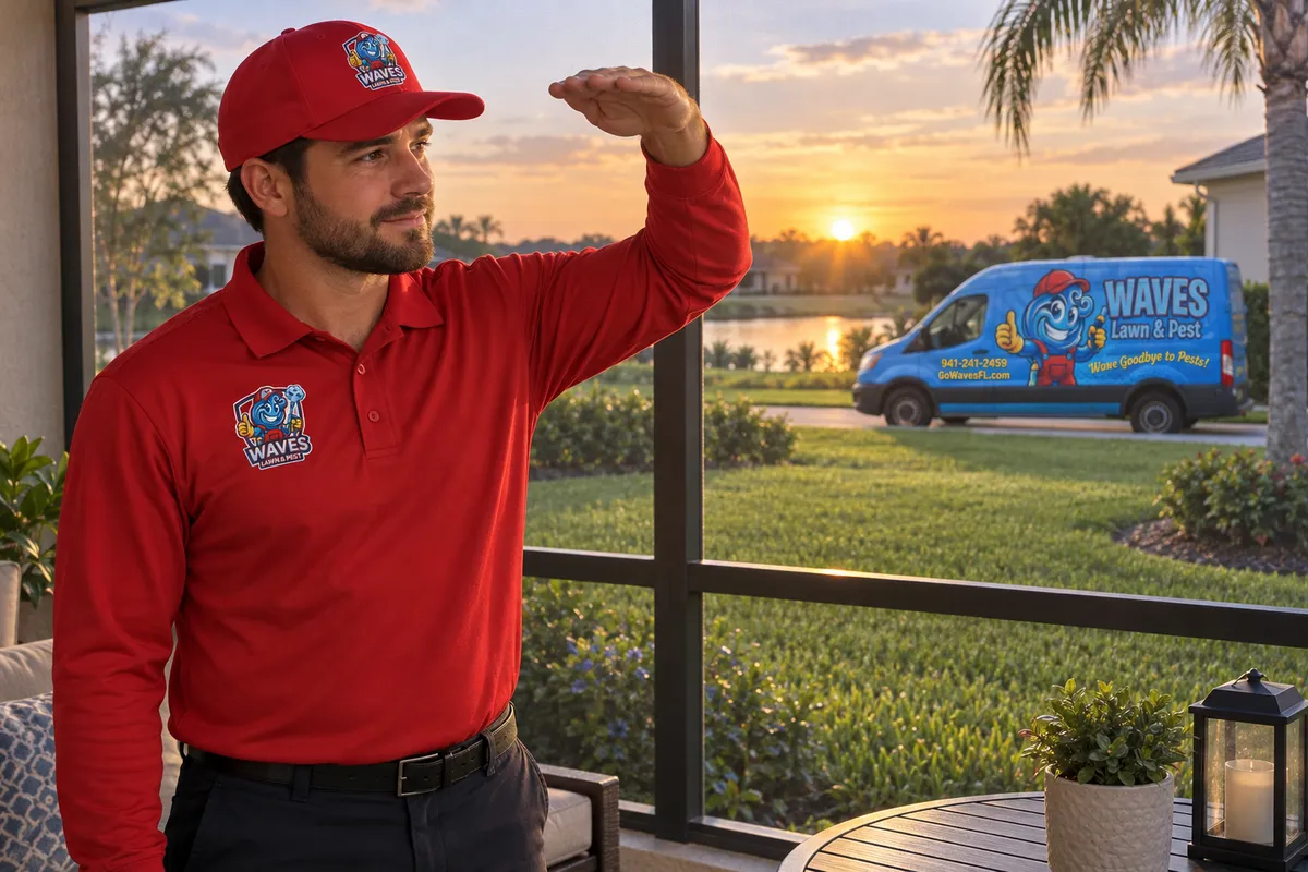 Man in red uniform shading his eyes looks out over a lawn toward a company van at sunset.