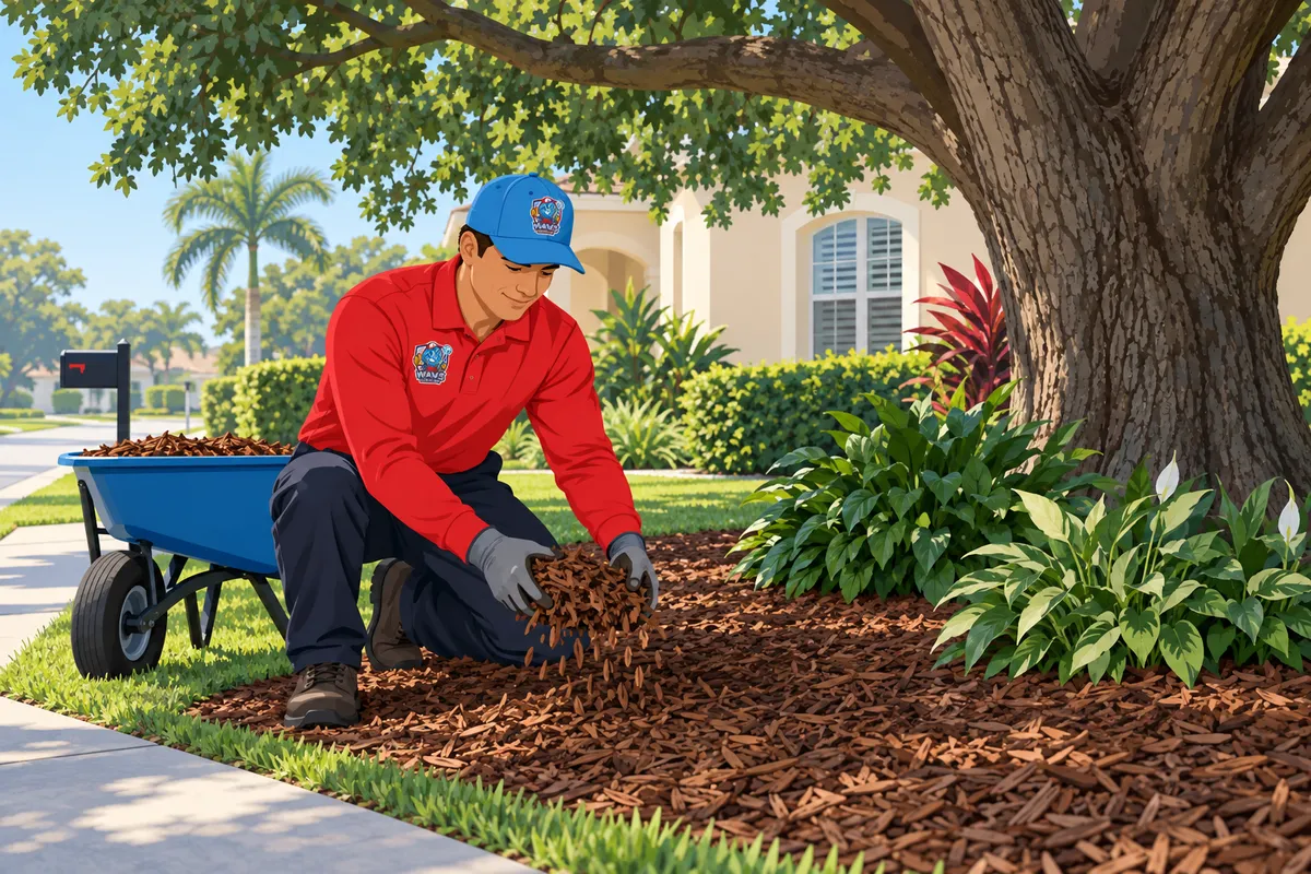 Worker in red shirt and blue cap spreading mulch under a large tree in a landscaped front yard with palms.