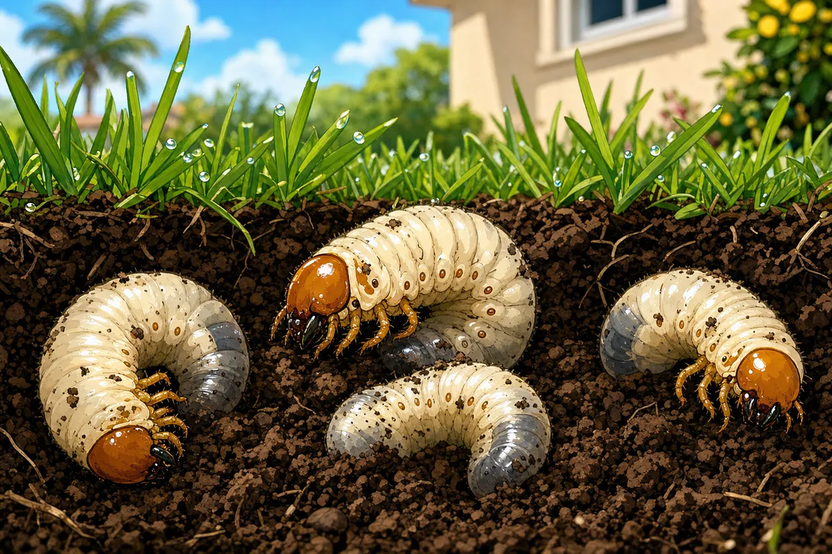 Cross-section view of four white C-shaped grubs with orange heads in soil beneath a green lawn by a house.