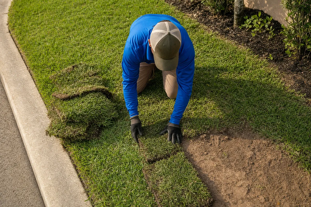 A worker in a blue shirt and cap kneels to lay strips of sod on bare soil beside a curb.