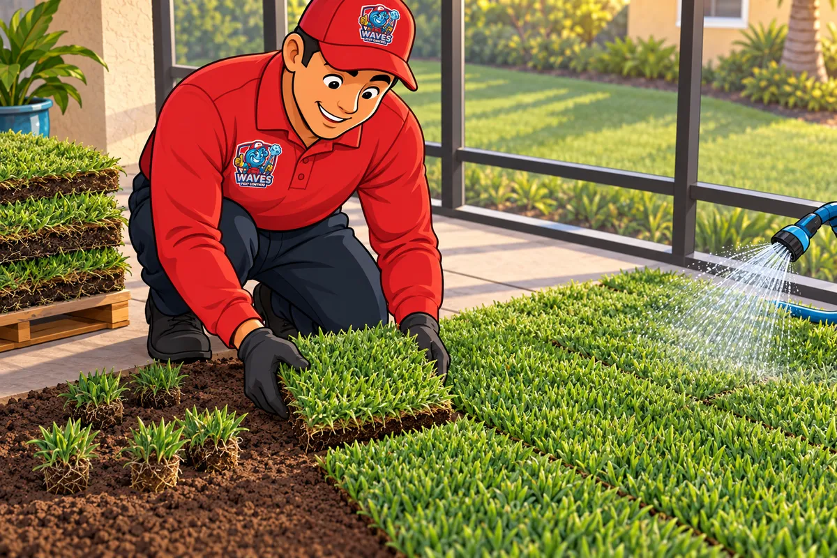 Illustrated technician in red kneels laying grass sod beside plugs on bare soil as a hose sprays water by a screened lanai.