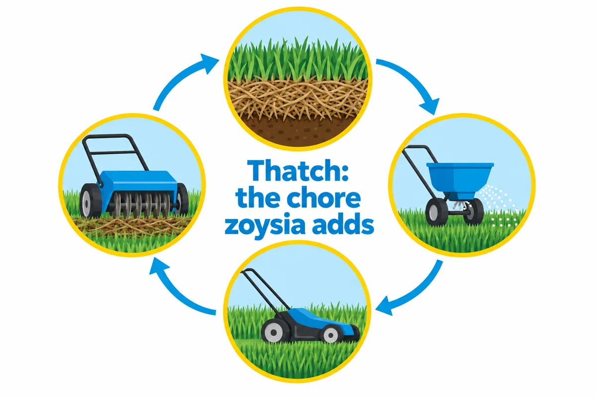 Illustrated cycle of grass thatch buildup, a spreader, a lawn mower and a dethatcher linked by blue arrows in four circles