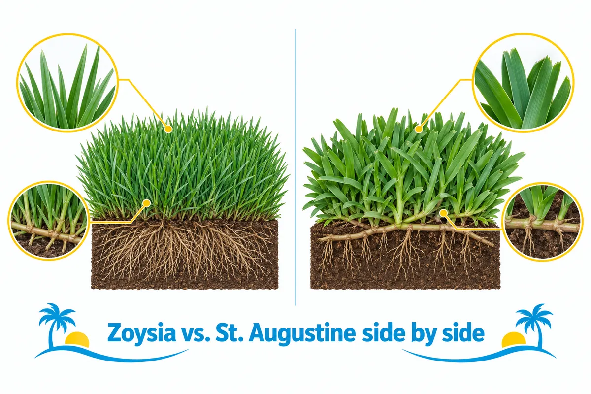 Side-by-side cross-sections of fine, dense zoysia grass and wider-bladed St. Augustine grass with roots and runners