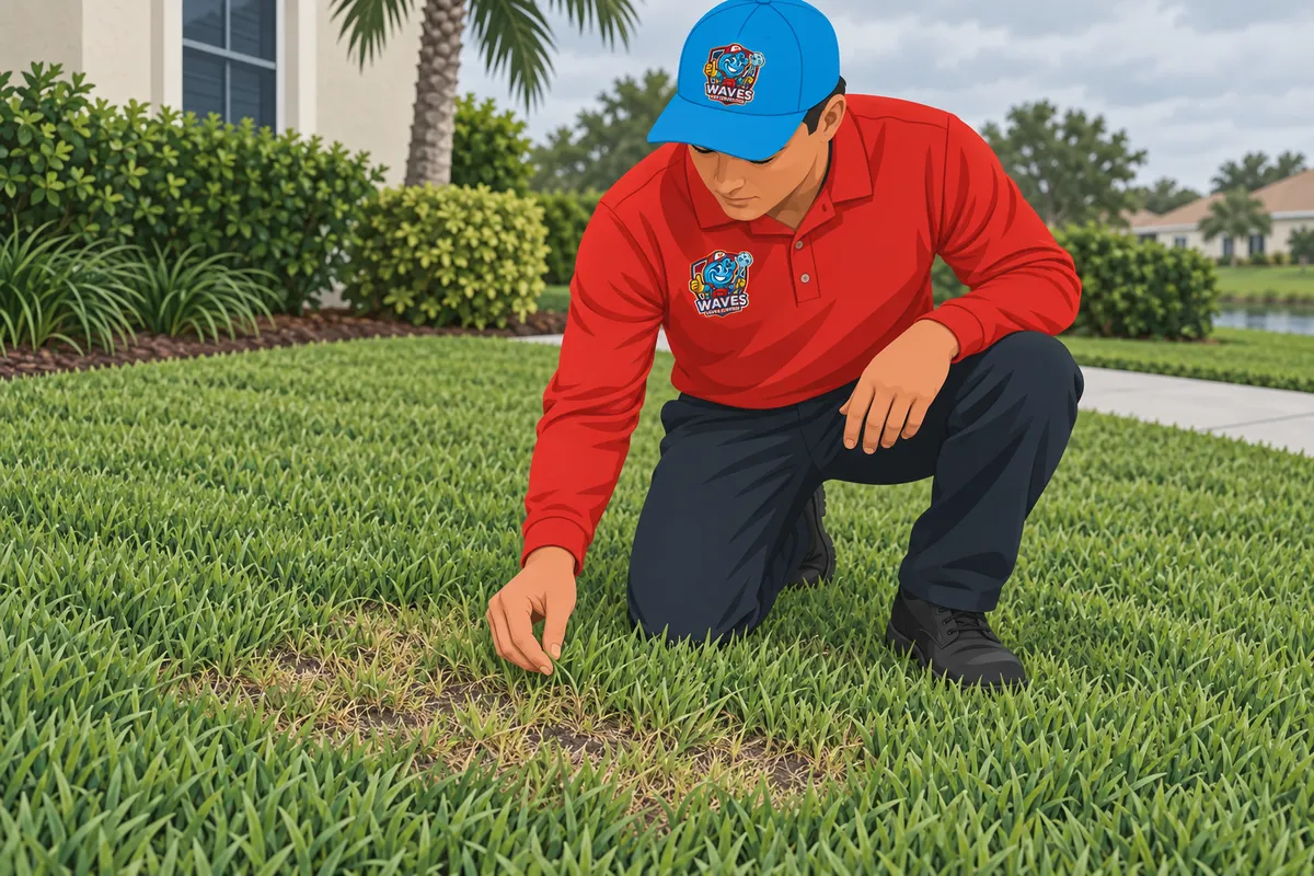 Technician in a red shirt kneels to inspect a thin, brown damaged patch in a dense green lawn near a home with palm trees.