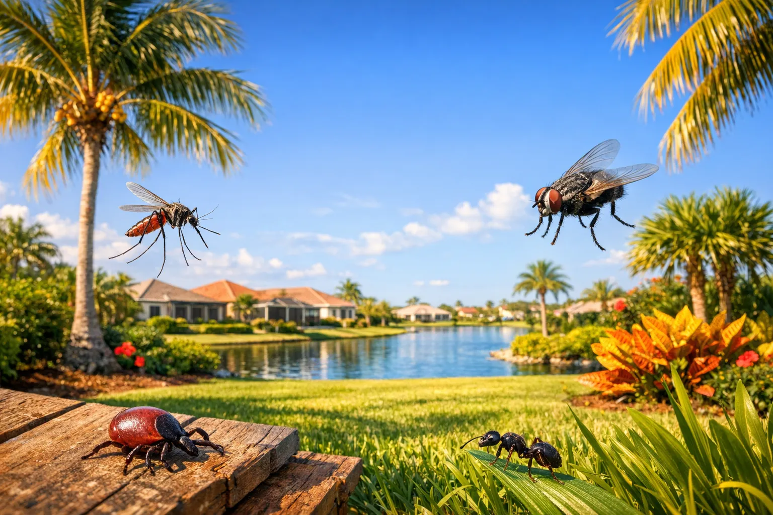 Close-up of a mosquito, house fly, engorged tick, and black ant in a Florida backyard with palms and a lake.