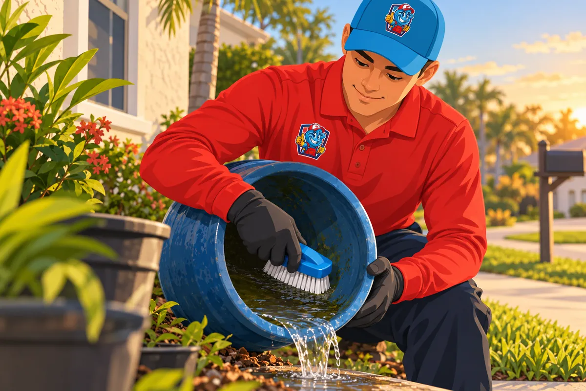 Worker scrubs and empties standing water from a blue bucket beside a house and lawn.