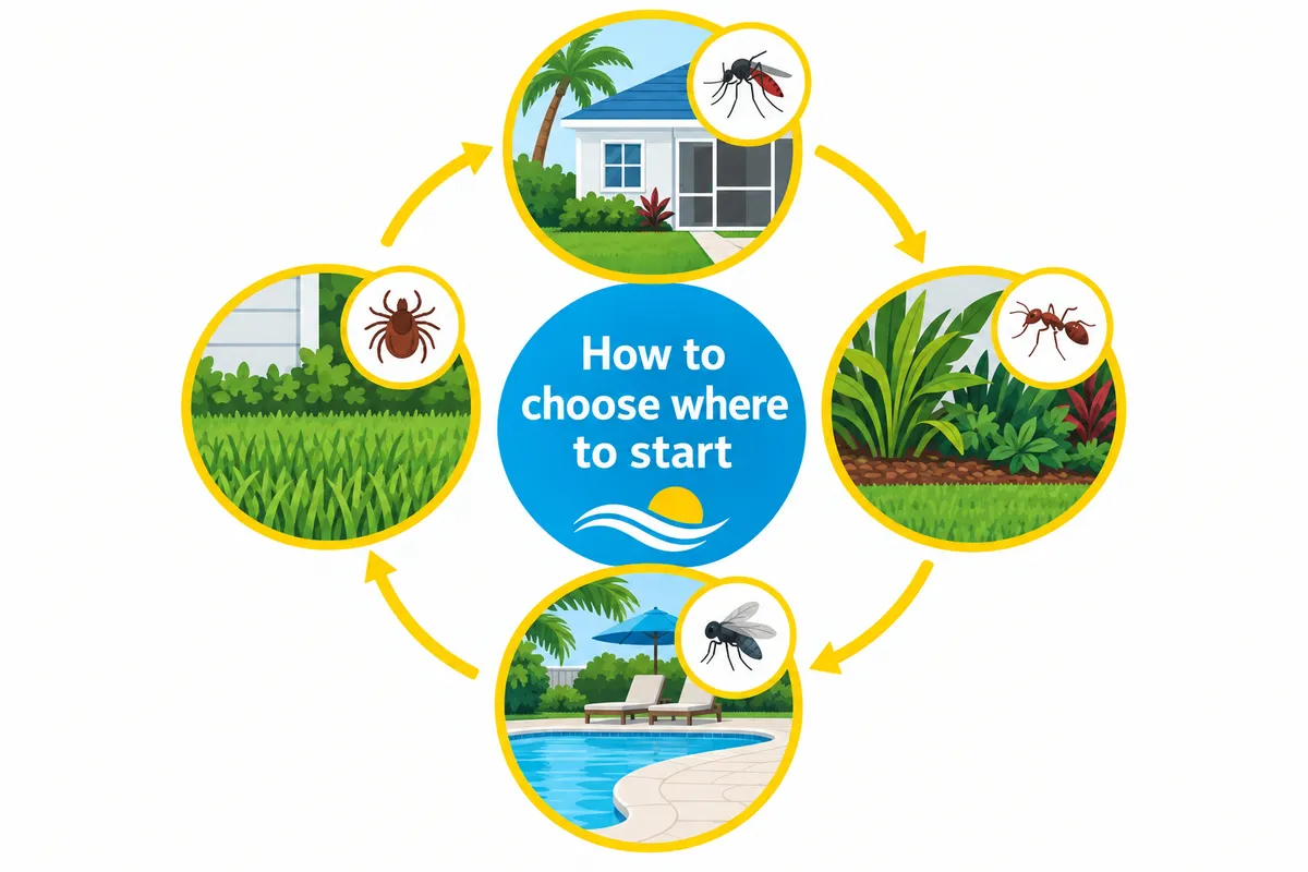 Illustration of a Florida home, lawn, garden, and pool with mosquito, tick, ant, and fly icons.