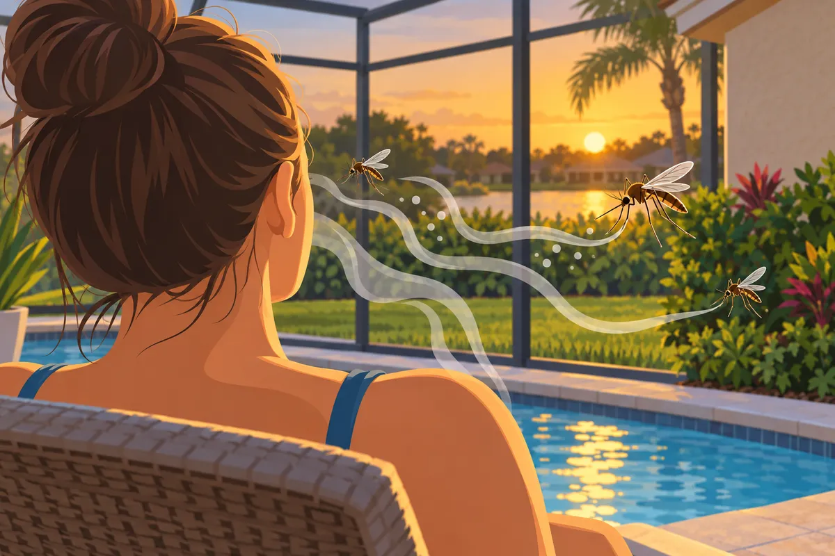 Woman relaxing on a screened pool lanai at sunset with palm trees as mosquitoes follow wispy scent trails toward her