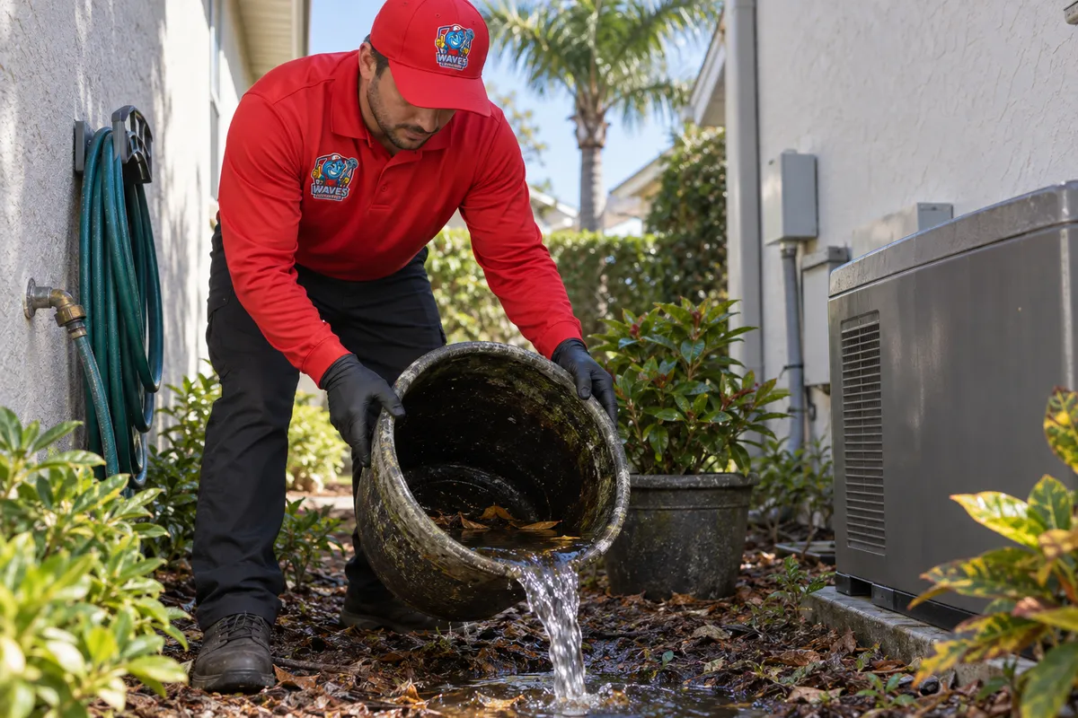 Technician in a red uniform and gloves dumps stagnant water from a dirty planter beside a house with palm trees nearby