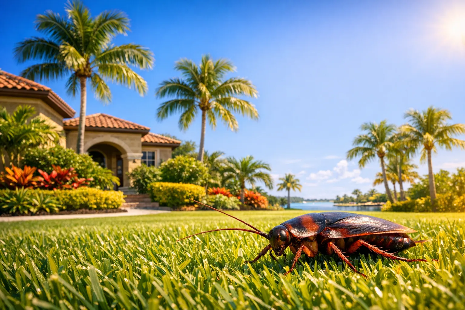 Large brown cockroach on a manicured lawn beside a Florida home with palm trees.