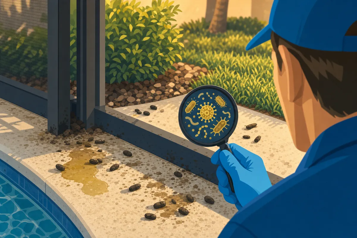 Illustration of a worker examining rodent droppings with a magnifier on a pool deck.