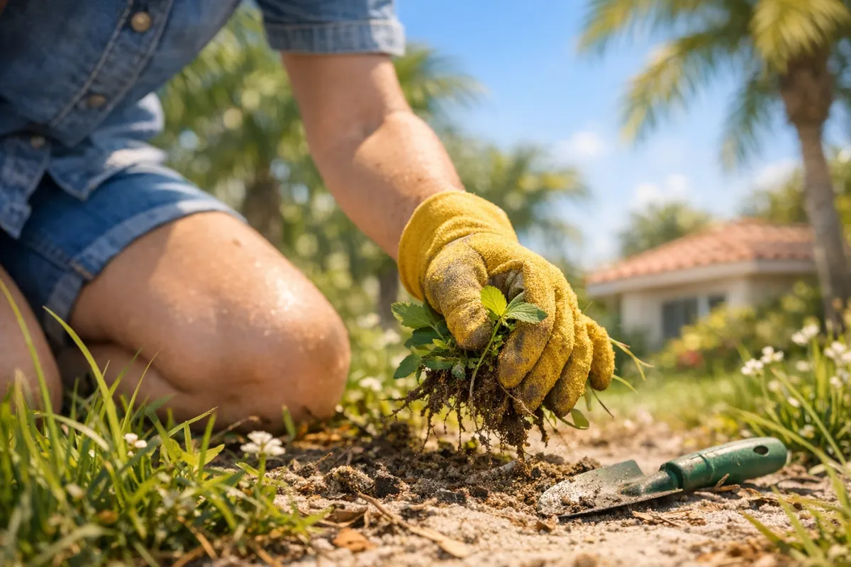 Gloved hand pulling a weed from sandy soil with a trowel nearby, palm trees and a house behind.