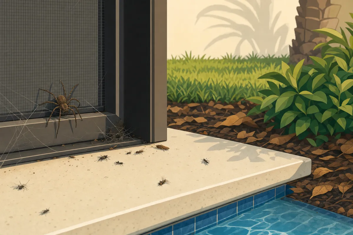 A large brown spider on a window screen with a web above insects on a pool deck edge near landscaping.