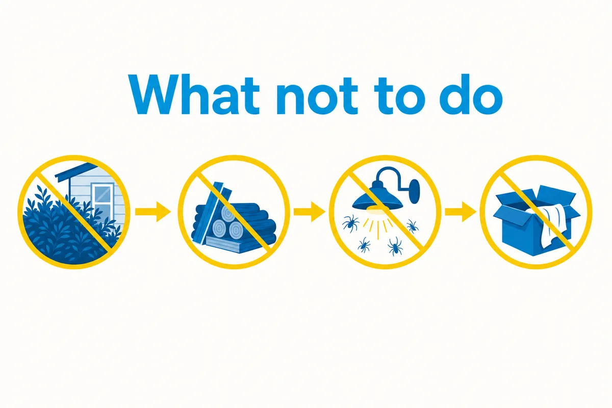 What not to do" infographic with crossed-out icons of shrubs by a house, stacked wood, an outdoor light with spiders, and a box.