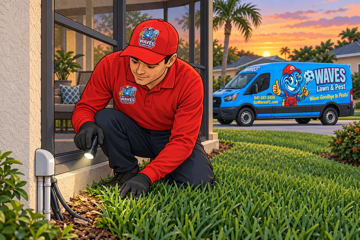 A pest control technician in a red uniform inspects a home's exterior wall with a flashlight near a branded van and palms.