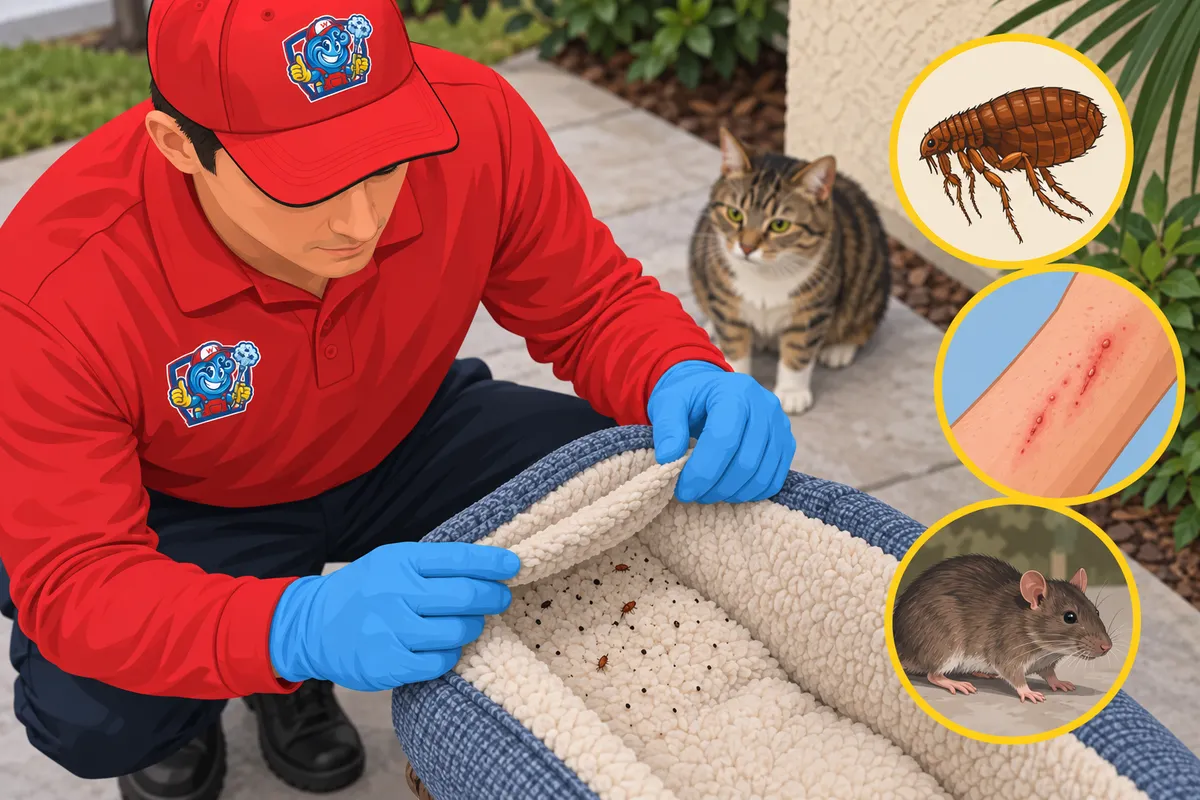 Pest control worker in red shirt and blue gloves inspects a flea-infested pet bed as a tabby cat watches, with illustrated insets of a flea, bite marks and a rat.