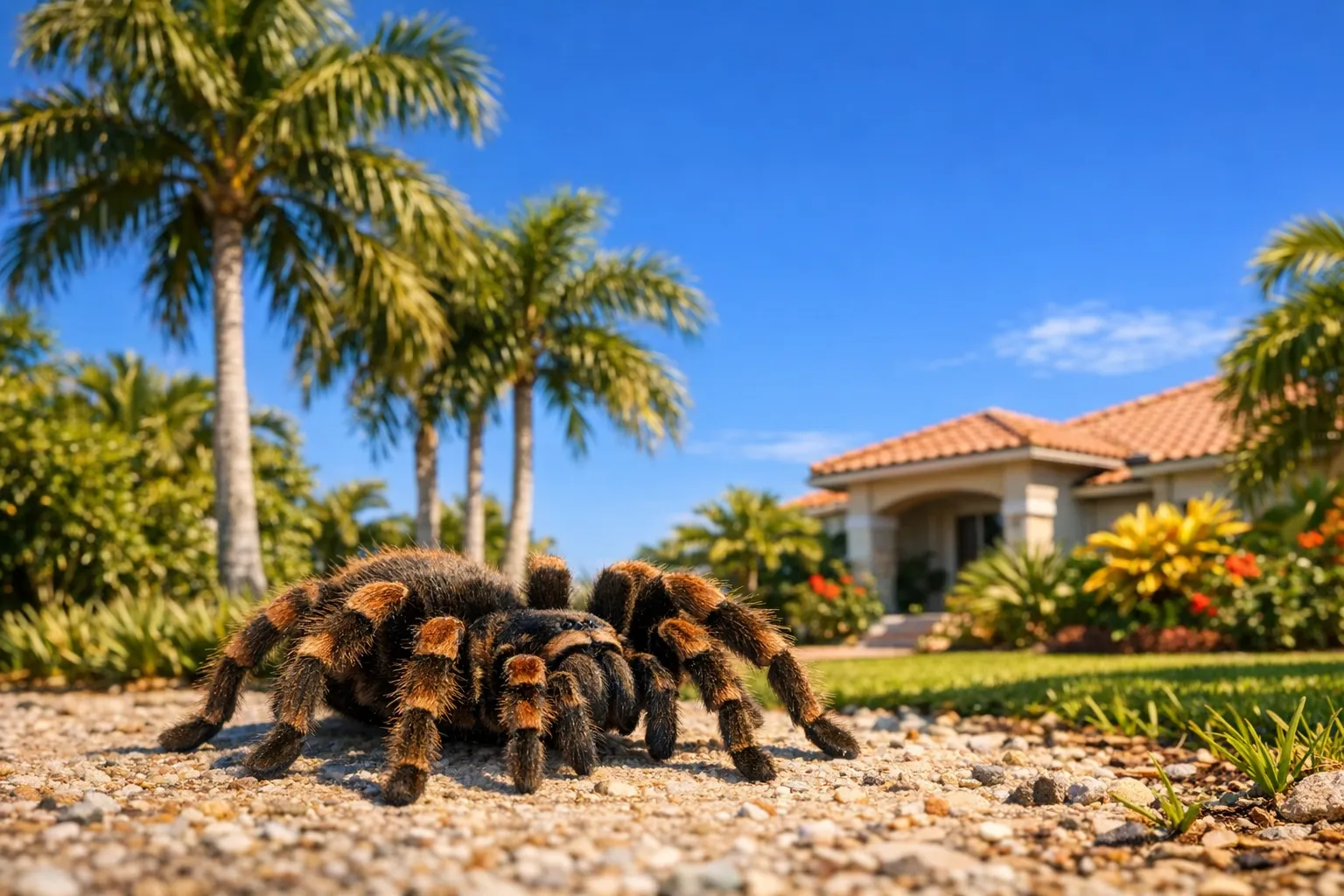 Large hairy black and brown tarantula-like spider on gravel in front of a Florida home with palm trees.