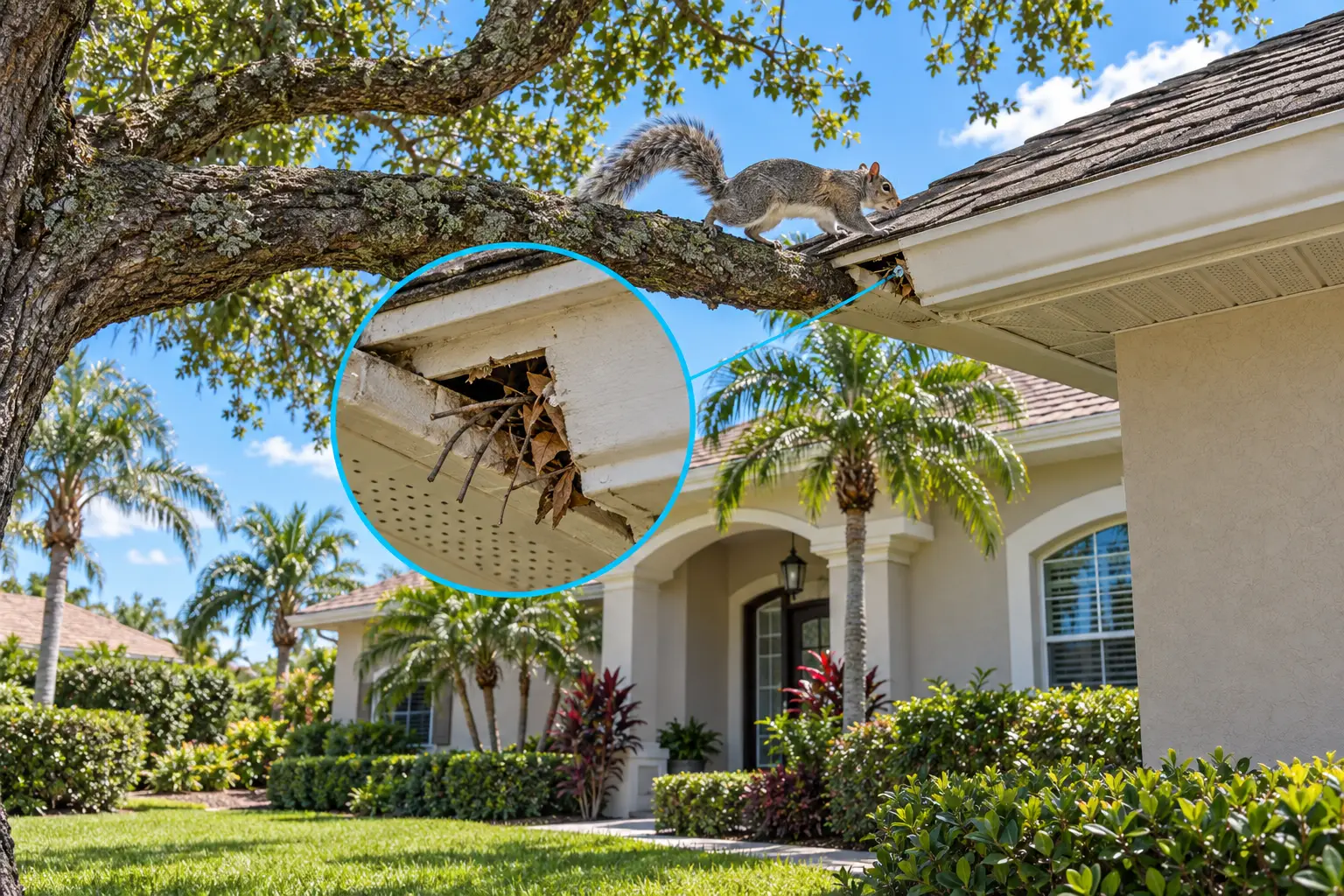 Eastern gray squirrel reaches a Florida roof beside an inset showing a soffit gap with twigs
