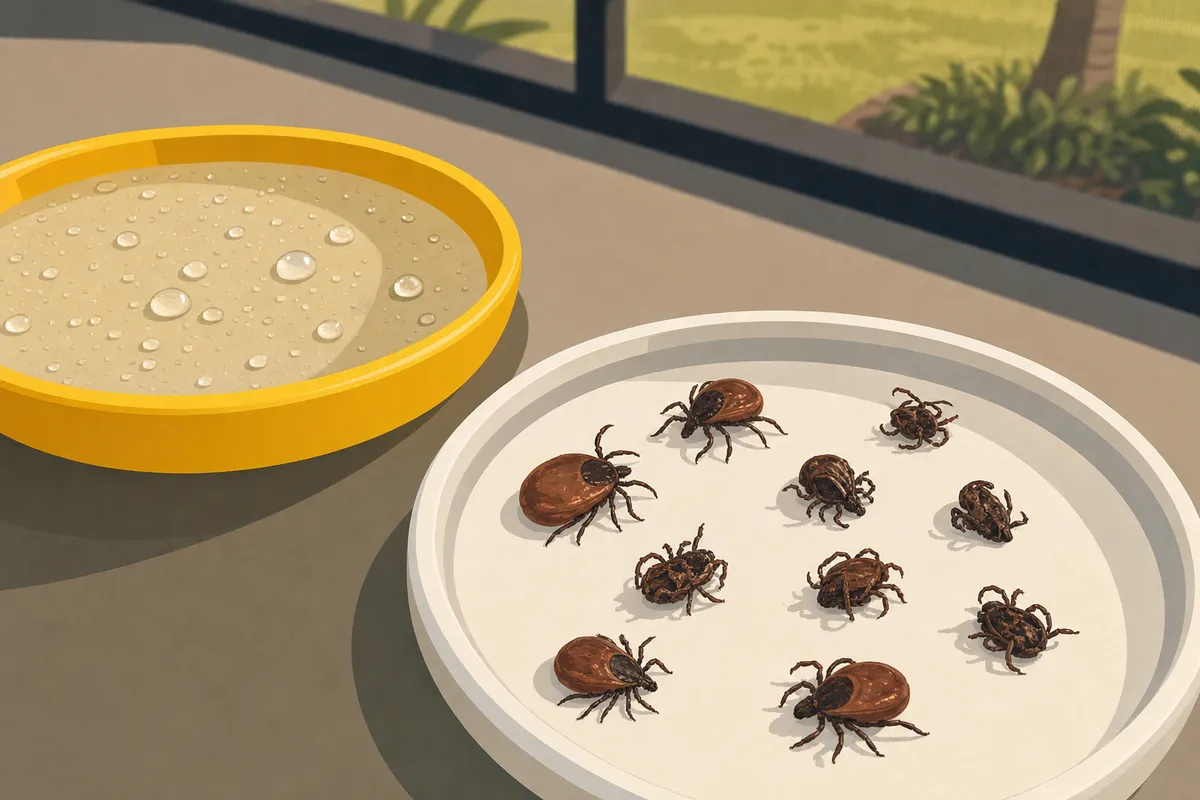 Several brown ticks on a white dish beside a yellow dish of water, with a sunny palm-filled lawn seen through a window.