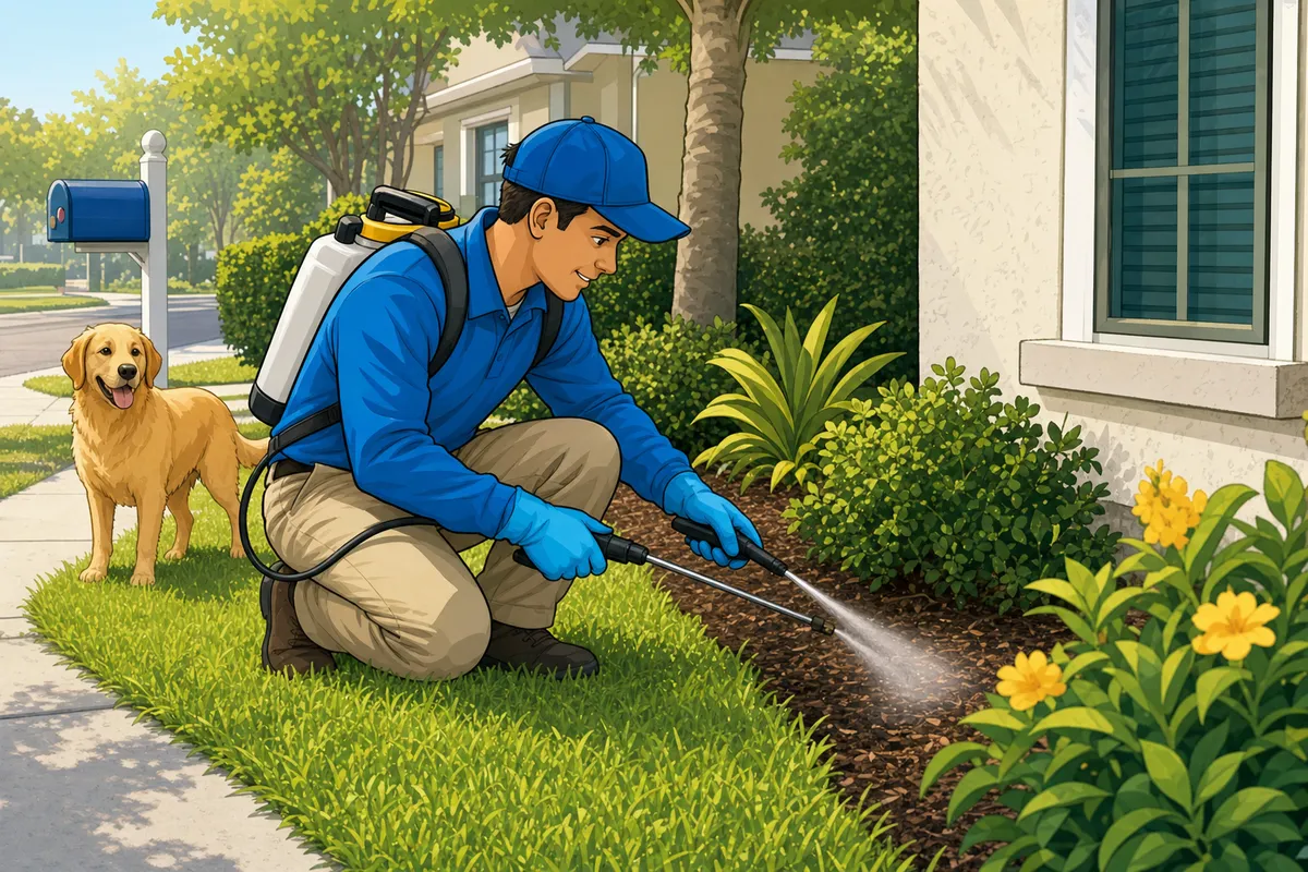 Pest control worker in a blue shirt and cap sprays treatment along a mulched garden bed beside a stucco home wall.