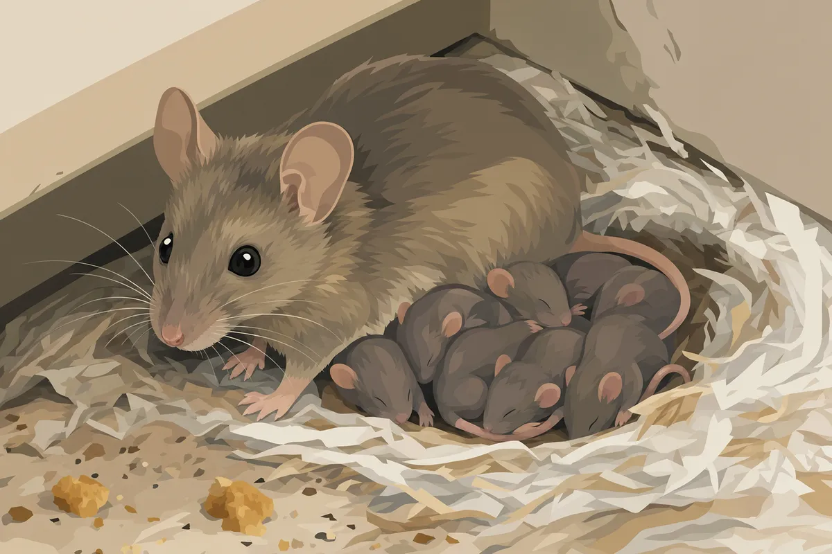 Adult house mouse beside a litter of young mice in a shredded-paper nest.