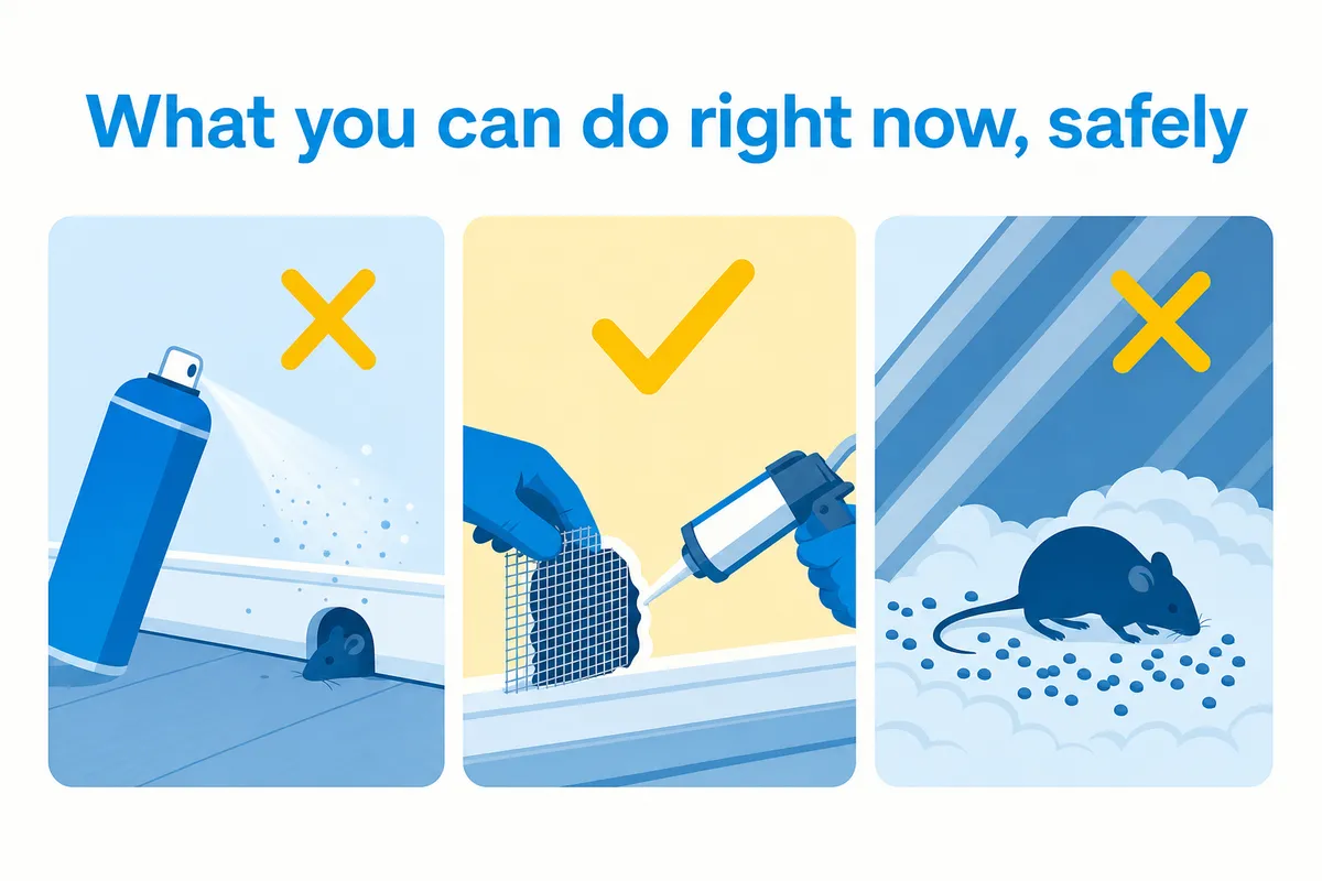 Three-panel illustration showing a crossed-out spray can, a checked hand sealing a gap with mesh, and a crossed-out mouse near bait pellets.