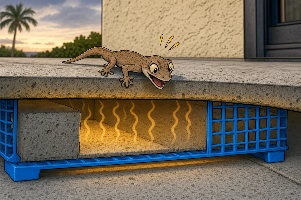 Cartoon gecko peering over a concrete slab edge above a blue crate with warm rising heat, near palms and a house.