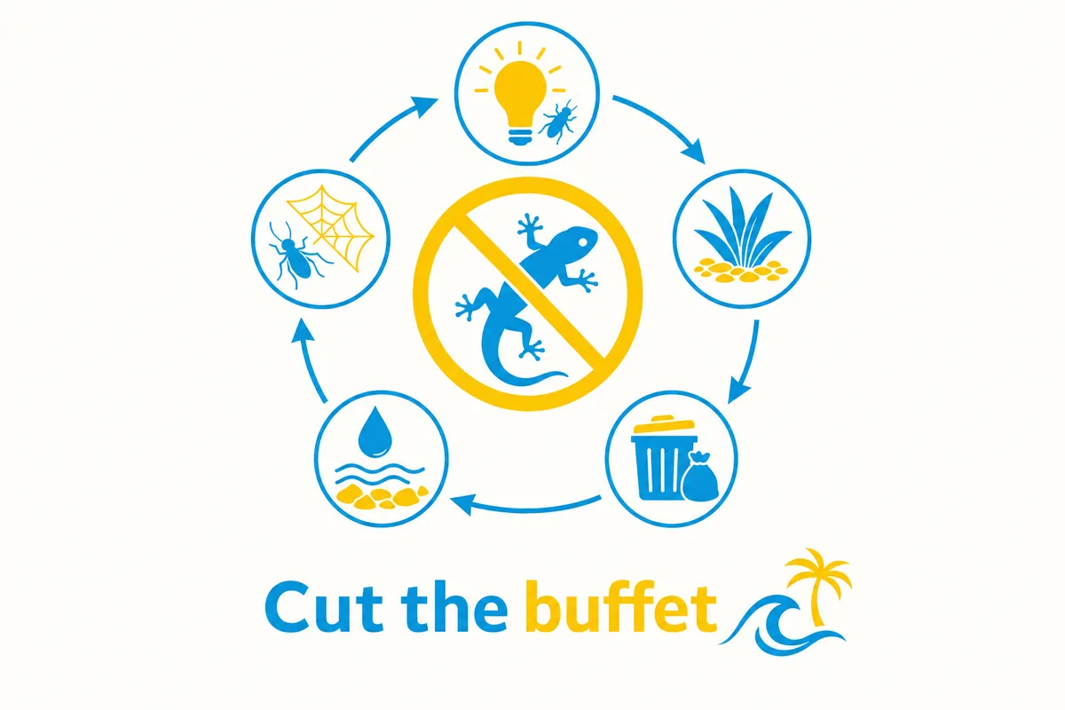 Infographic with a no-lizard symbol circled by icons for lights, plants, trash, water, and insects, titled Cut the buffet.