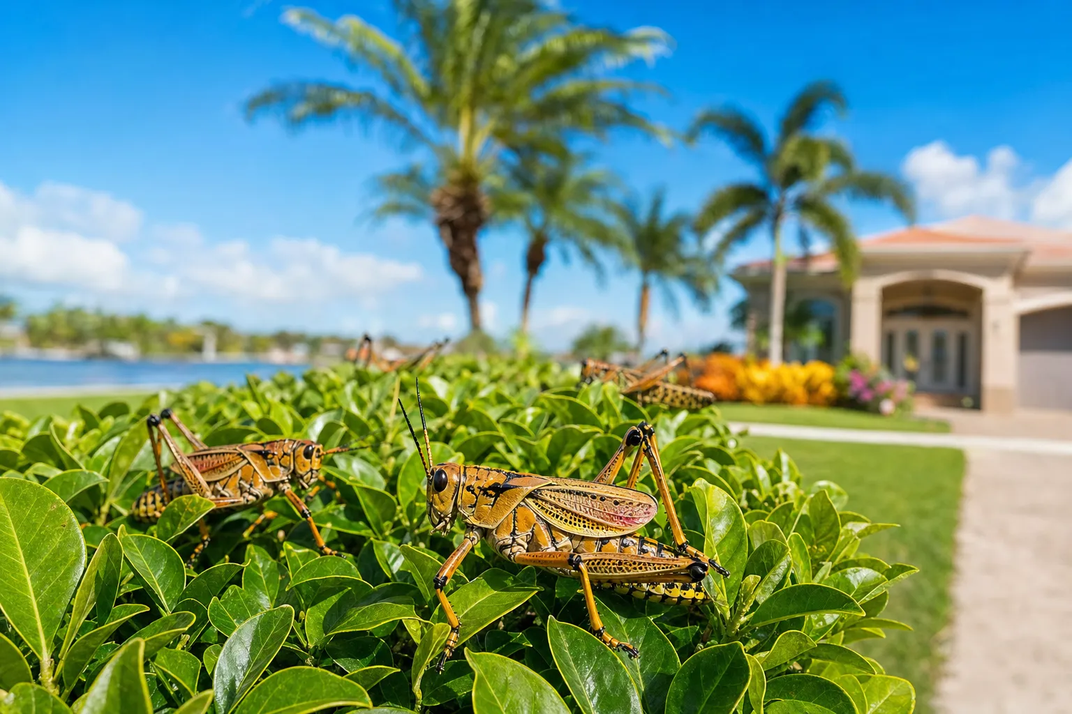 Adult eastern lubber grasshoppers in yellow and black perched on a green hedge in a Southwest Florida yard