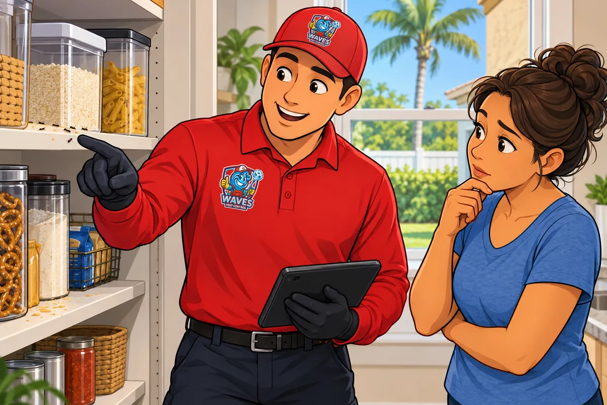 Pest control technician points out ants on a pantry shelf to a homeowner, with a palm tree visible through the window