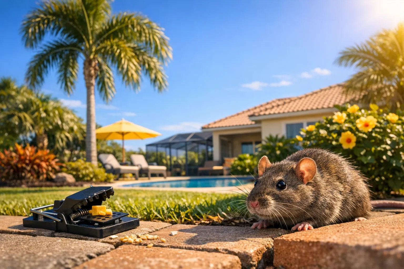 A large rat on a paver near a baited snap trap, with a pool, palms, and tropical home behind.