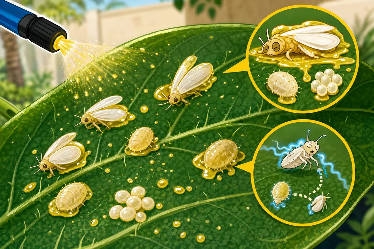 Spray nozzle applying oil to whiteflies, larvae, and eggs on a green leaf with palms behind and two inset closeups.