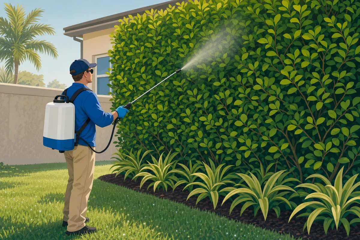 A man with a backpack sprayer applies liquid to a tall green hedge beside a house with palms and a lawn.