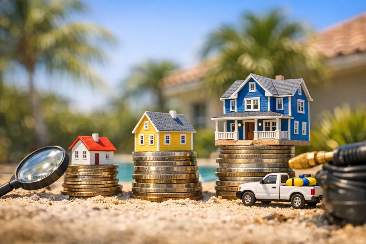 Three model houses on stacks of coins beside a magnifying glass and toy pickup truck with palms behind.