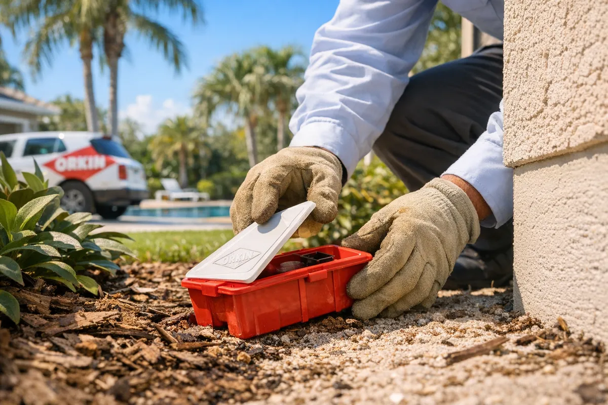 Gloved pest control technician placing a red bait station beside a stucco home wall near palm trees.
